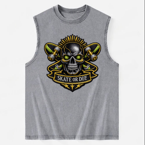SKATEBOARD SKULL - skull with skateboard in black and neon green , extreme - Vintage Washed Tank