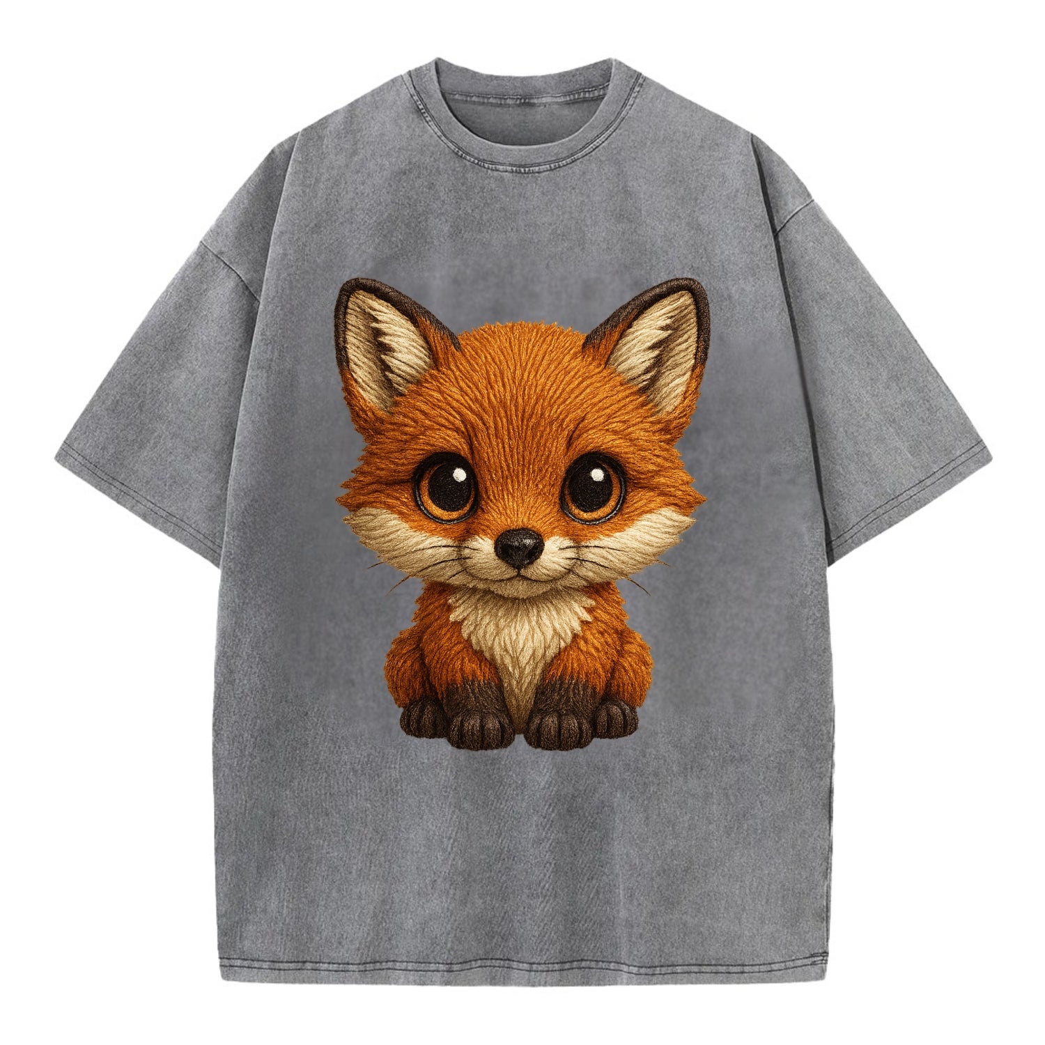 Baby Red Fox - russet fur, white chest, big amber eyes, perky ears, front-facing, - Vintage T-shirt - Grey