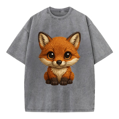 Baby Red Fox - russet fur, white chest, big amber eyes, perky ears, front-facing, - Vintage T-shirt - Grey