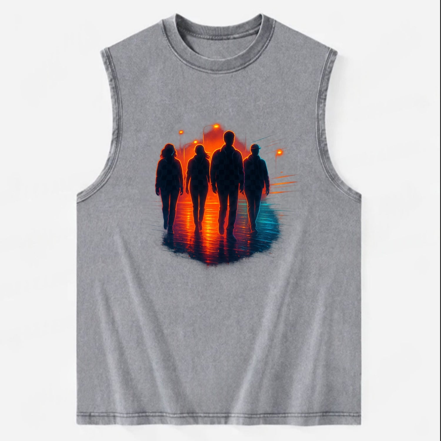 gang of silhouettes walking together at sunset by the beach - Vintage Washed Tank - Grey