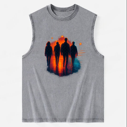 gang of silhouettes walking together at sunset by the beach - Vintage Washed Tank - Grey