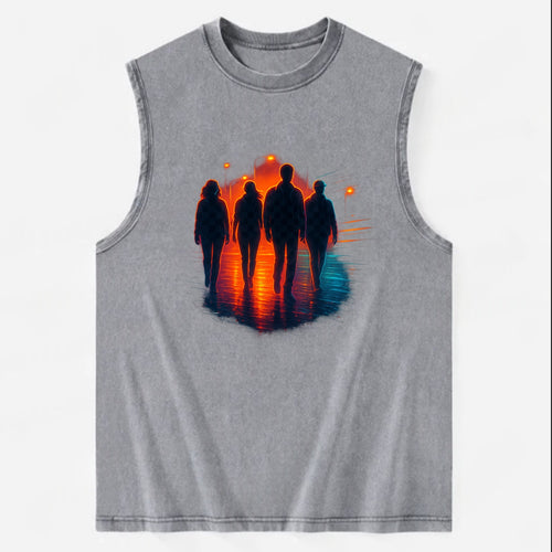 gang of silhouettes walking together at sunset by the beach - Vintage Washed Tank