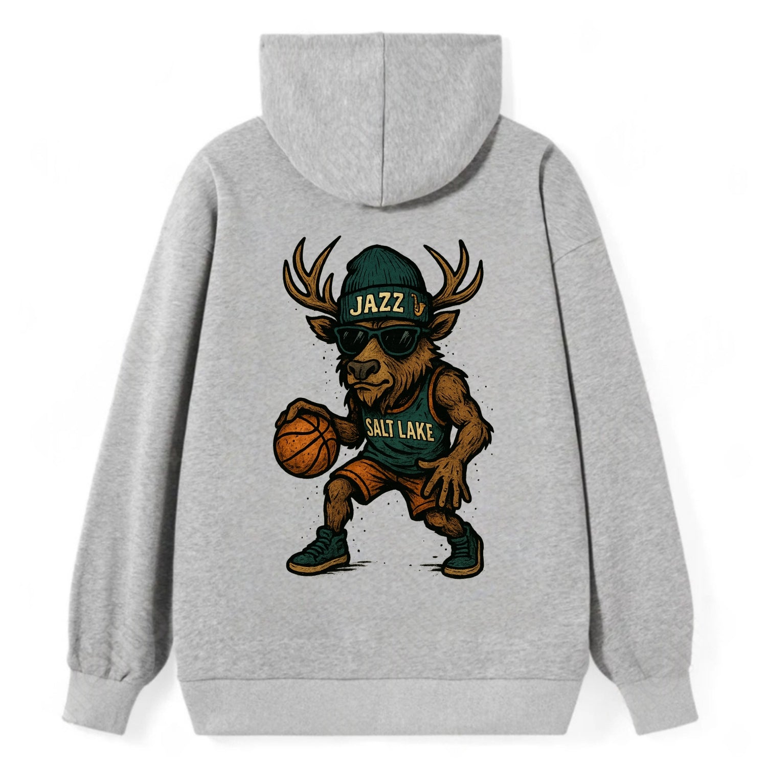 Salt Lake Elk wearing Jazz beanie with saxophone patch and wayfarer - Classic Pullover Hoodie - Grey