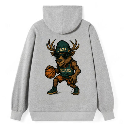 Salt Lake Elk wearing Jazz beanie with saxophone patch and wayfarer - Classic Pullover Hoodie - Grey