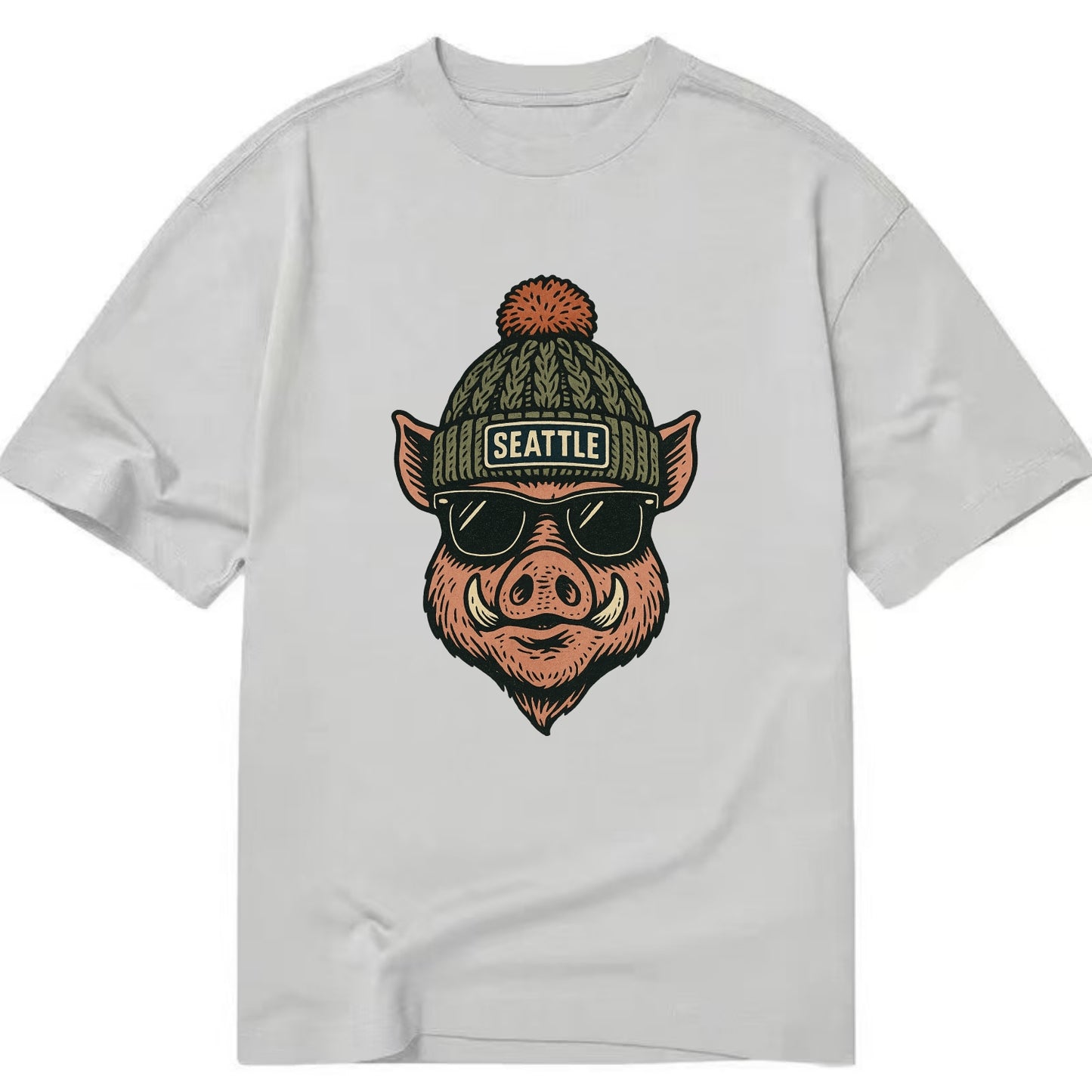 Washington Hog wearing Seattle beanie with pom pom and wayfarer sunglasses - Classic T-shirt - Grey
