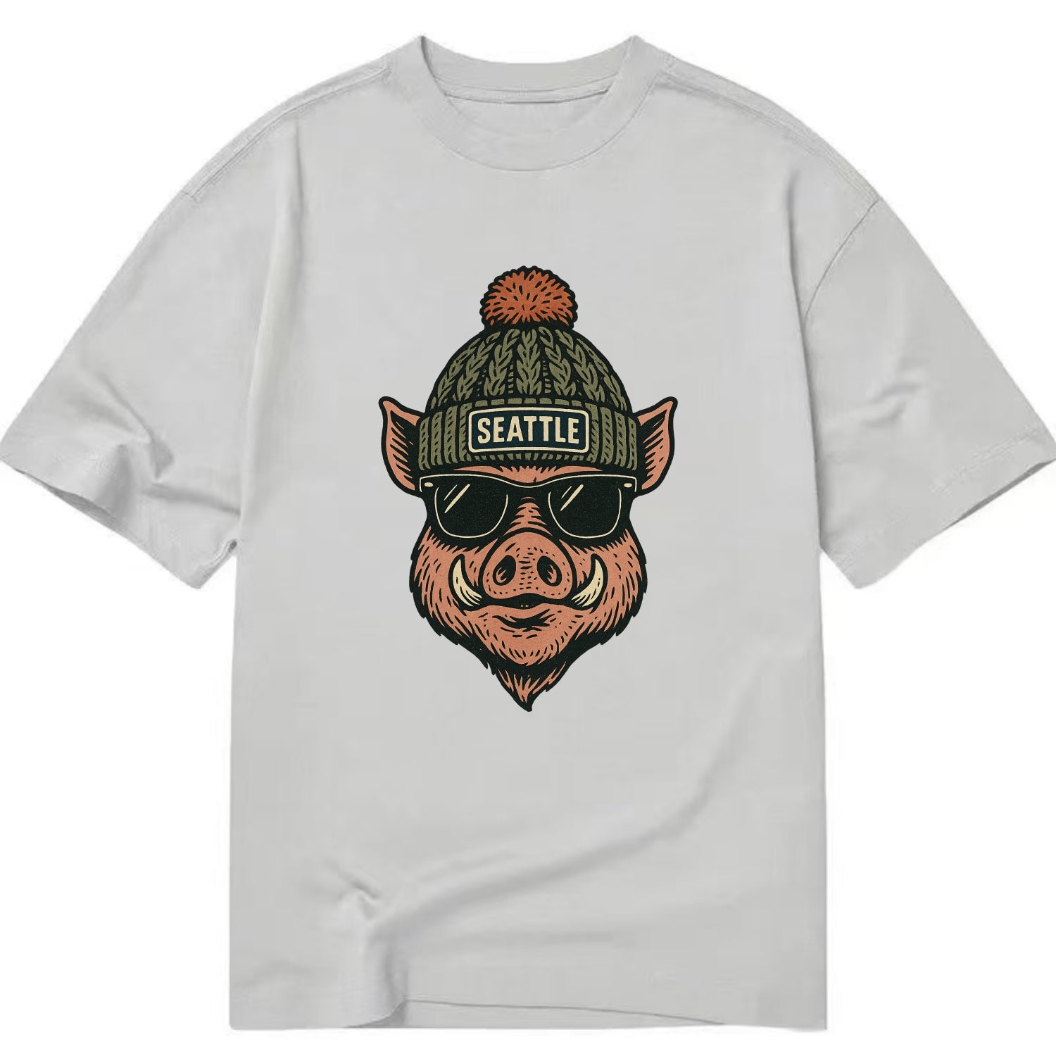 Washington Hog wearing Seattle beanie with pom pom and wayfarer sunglasses - Classic T-shirt - Grey