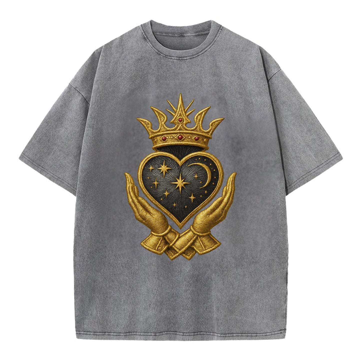 Hammered bronze warrior crown anchoring a dark steel heart with shield-bearing - Vintage T-shirt - Grey