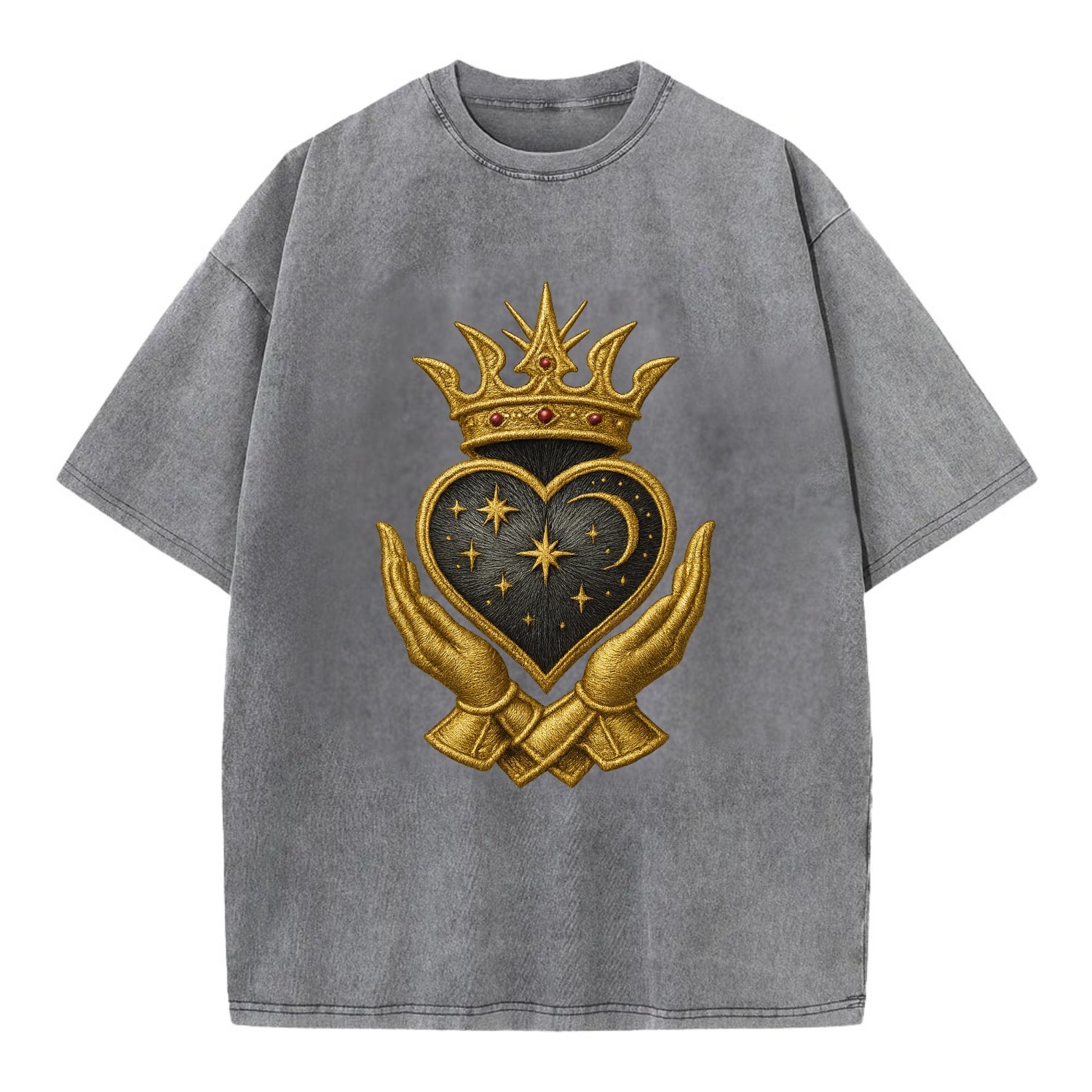Hammered bronze warrior crown anchoring a dark steel heart with shield-bearing - Vintage T-shirt - Grey