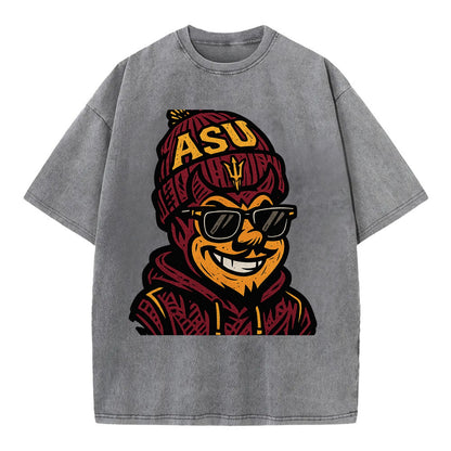 Tempe Sparky wearing Arizona State beanie with fork patch - Vintage T-shirt - Grey