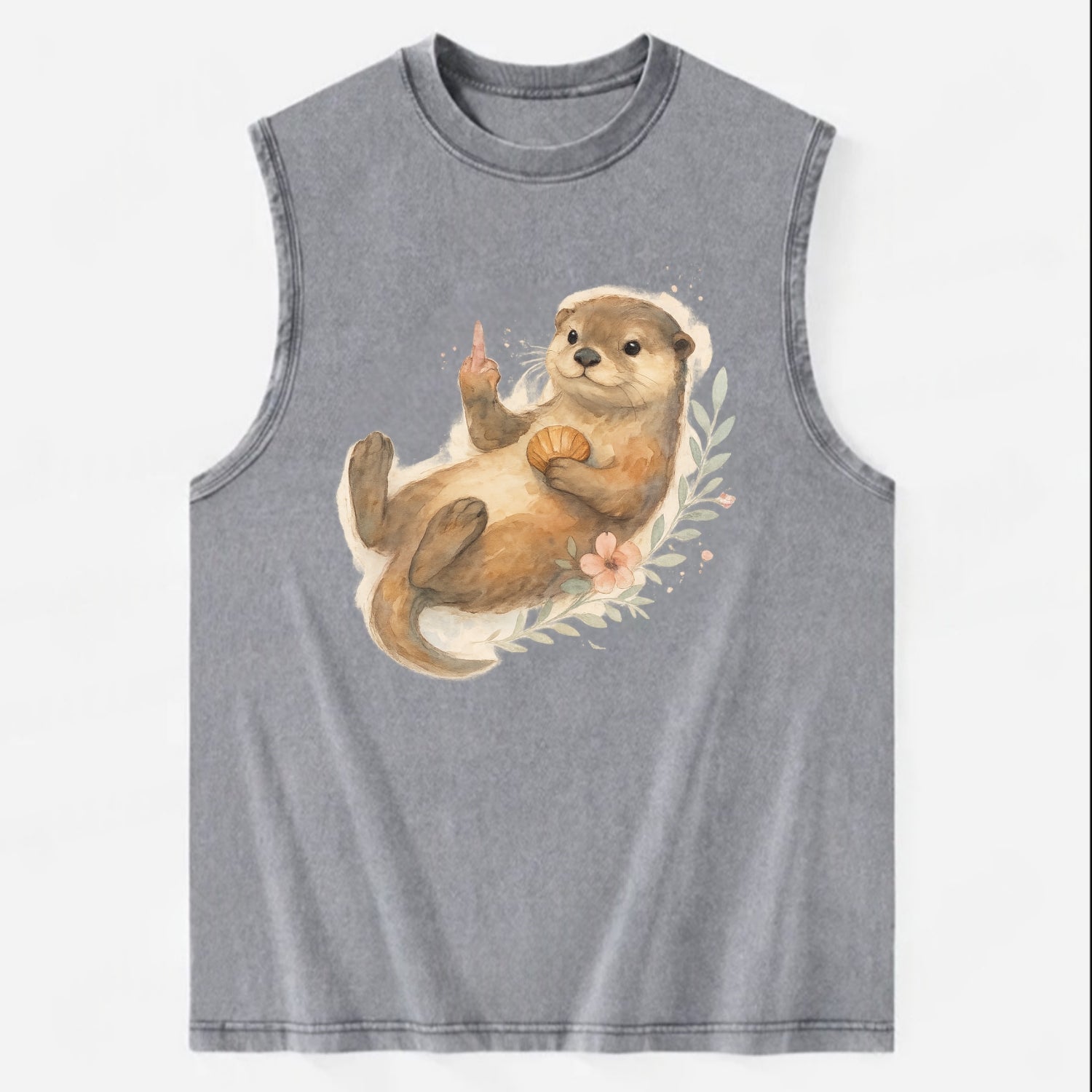 adorable otter floating on back, middle finger up while holding a shellfish - Vintage Washed Tank - Grey