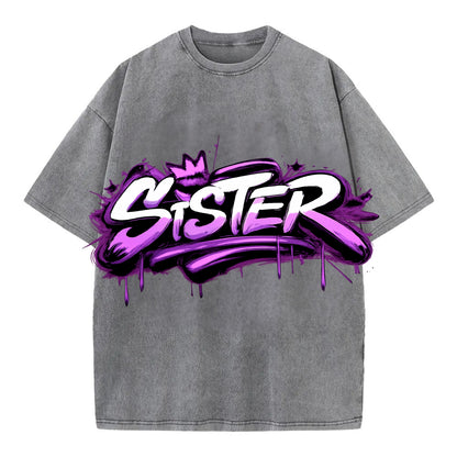 Bold typography design - "SISTER" - female bond, sisterhood - Vintage T-shirt - Grey