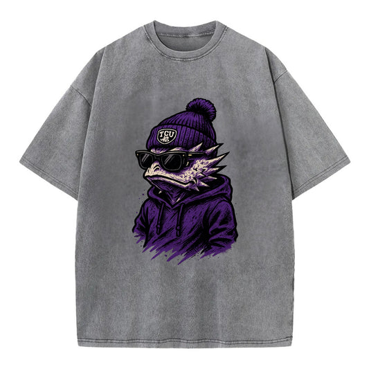 Fort Worth Horned Frog wearing TCU beanie with frog patch - Vintage T-shirt - Grey