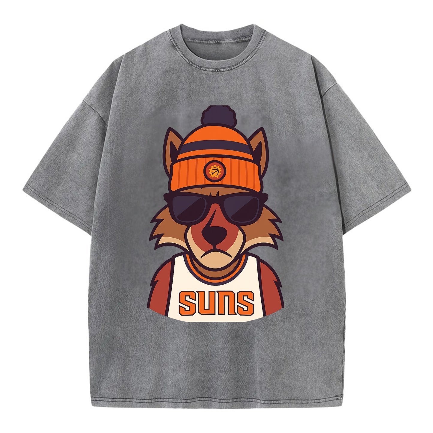 Arizona Coyote wearing Suns beanie with desert sun patch and wayfarer sunglasses - Vintage T-shirt - Grey