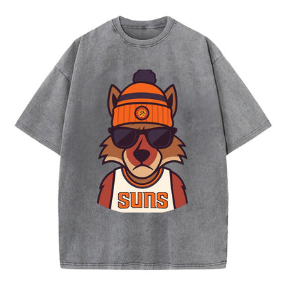 Arizona Coyote wearing Suns beanie with desert sun patch and wayfarer sunglasses - Vintage T-shirt - Grey