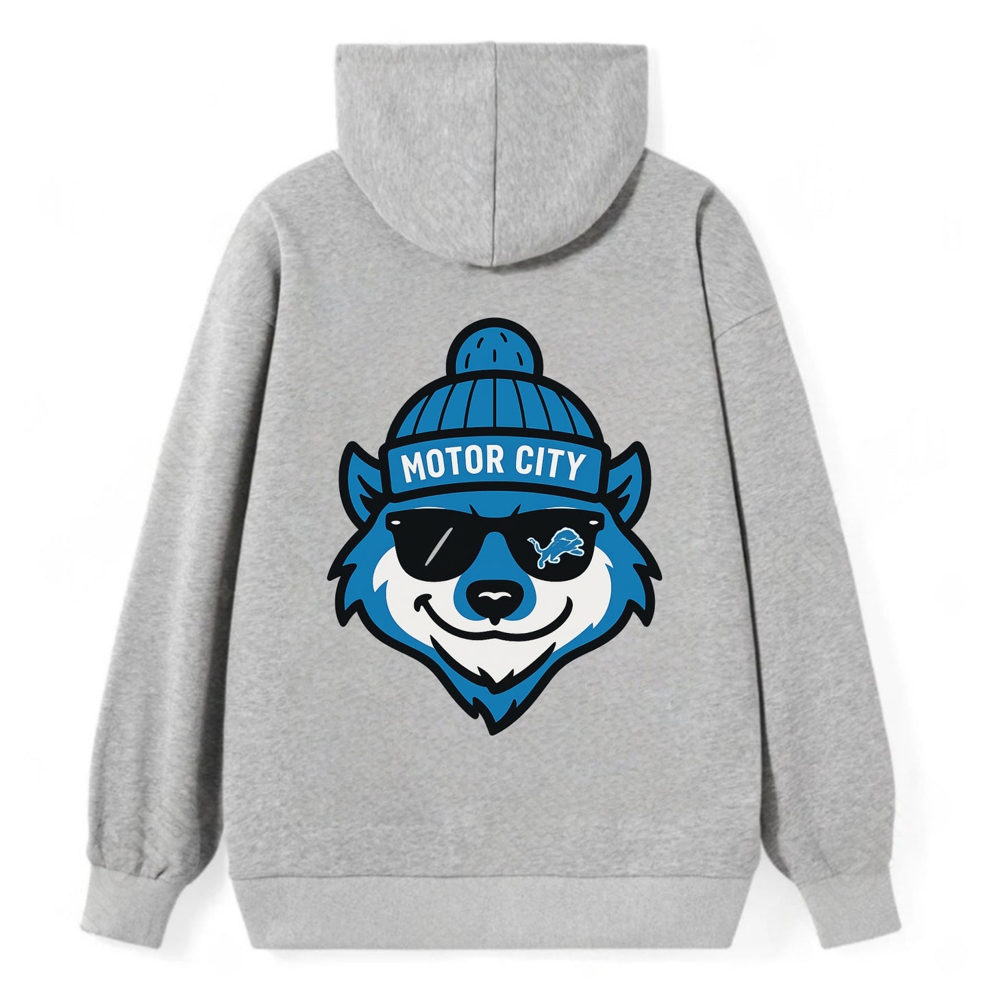 Motor City Wolverine wearing Lions beanie with gear patch and wayfarer - Classic Pullover Hoodie - Grey