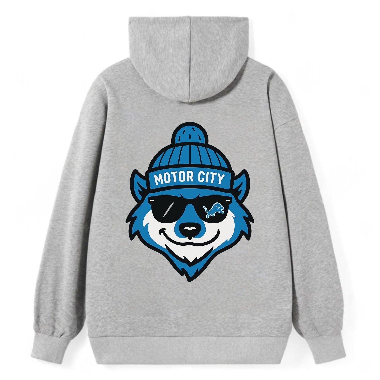 Motor City Wolverine wearing Lions beanie with gear patch and wayfarer - Classic Pullover Hoodie - Grey