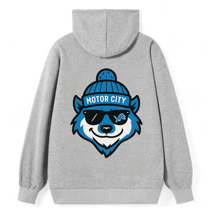 Motor City Wolverine wearing Lions beanie with gear patch and wayfarer - Classic Pullover Hoodie - Grey