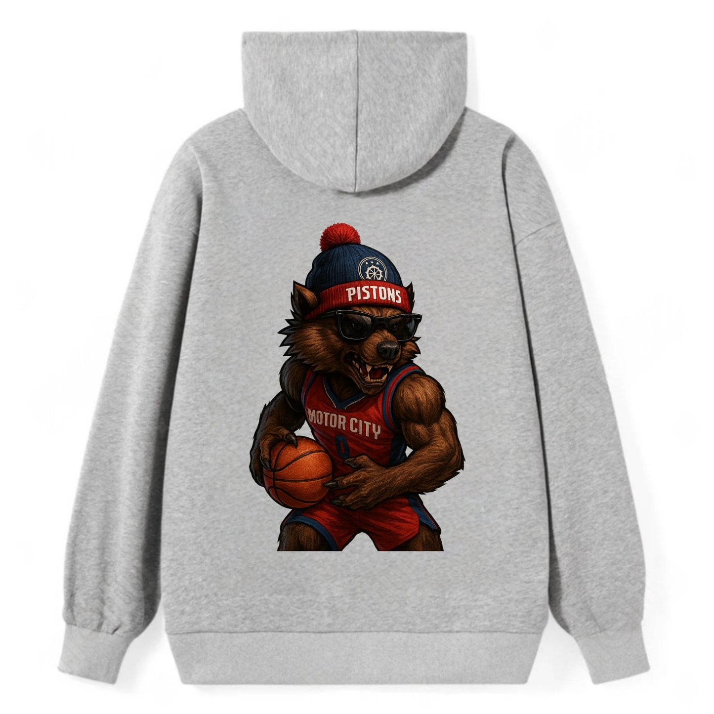 Motor City Wolverine wearing Pistons beanie with gear patch and wayfarer - Classic Pullover Hoodie - Grey