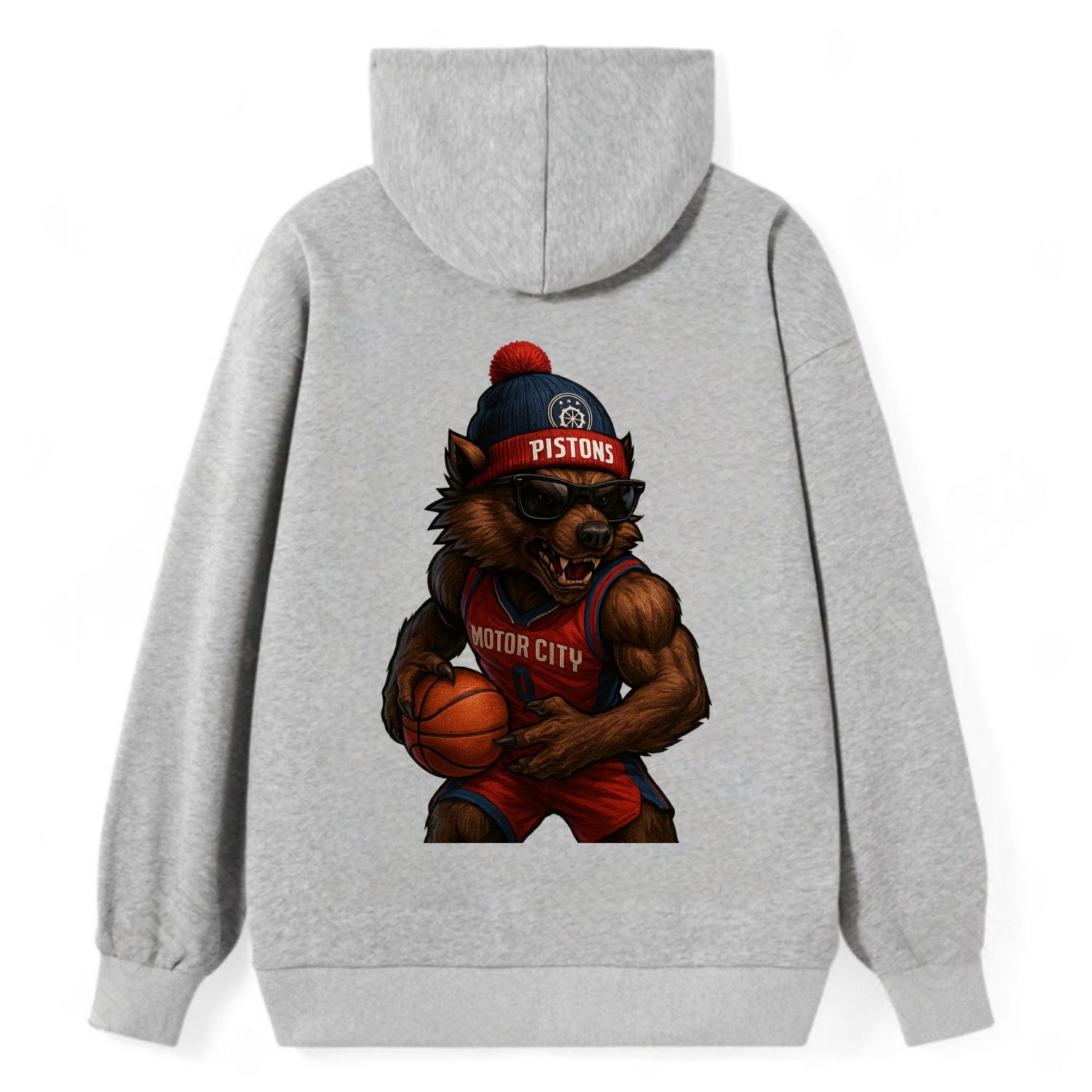 Motor City Wolverine wearing Pistons beanie with gear patch and wayfarer - Classic Pullover Hoodie - Grey