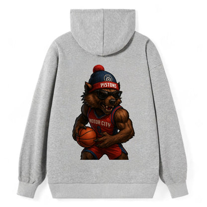 Motor City Wolverine wearing Pistons beanie with gear patch and wayfarer - Classic Pullover Hoodie - Grey