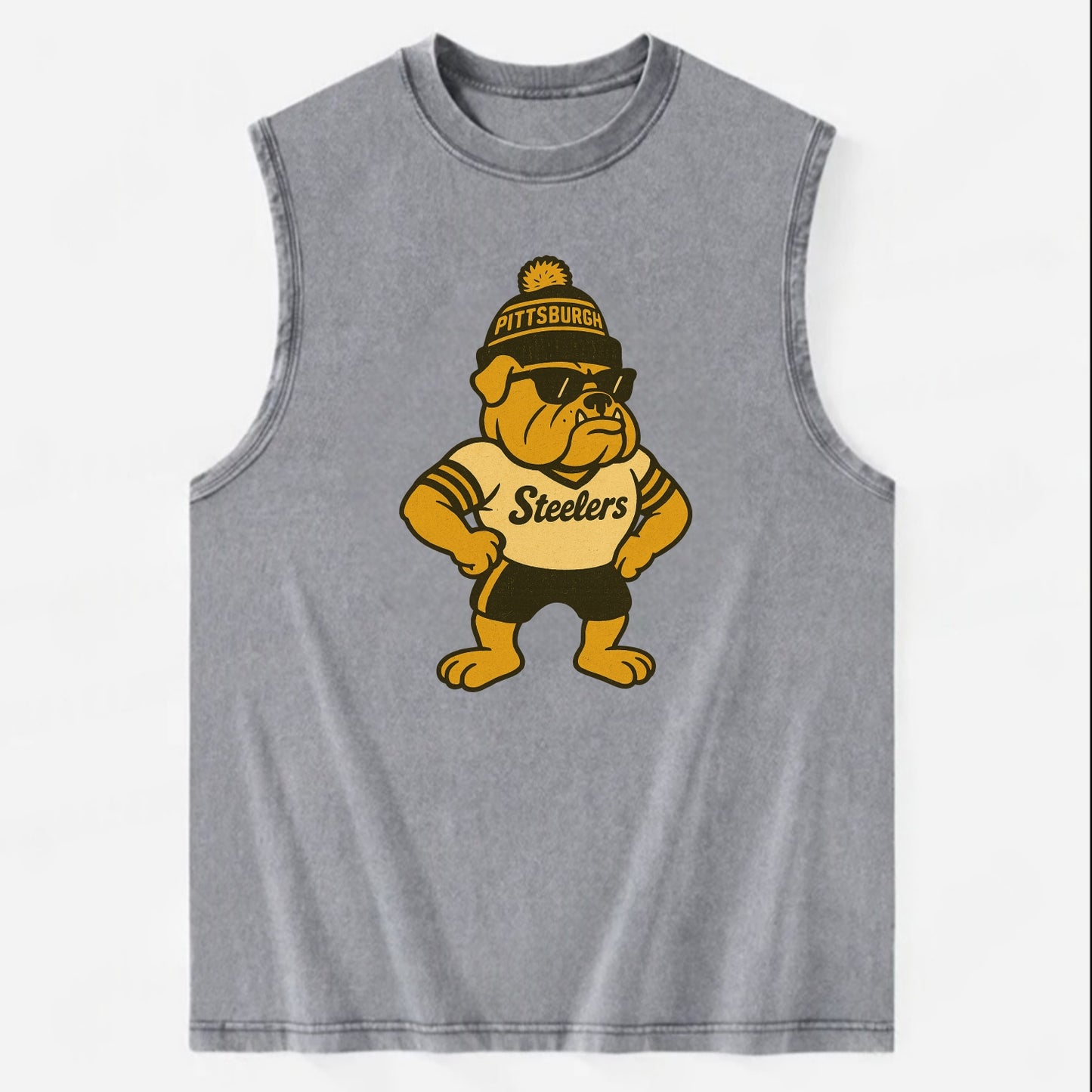 Pittsburgh Bulldog wearing Steelers black and gold beanie with pom pom and - Vintage Washed Tank - Grey