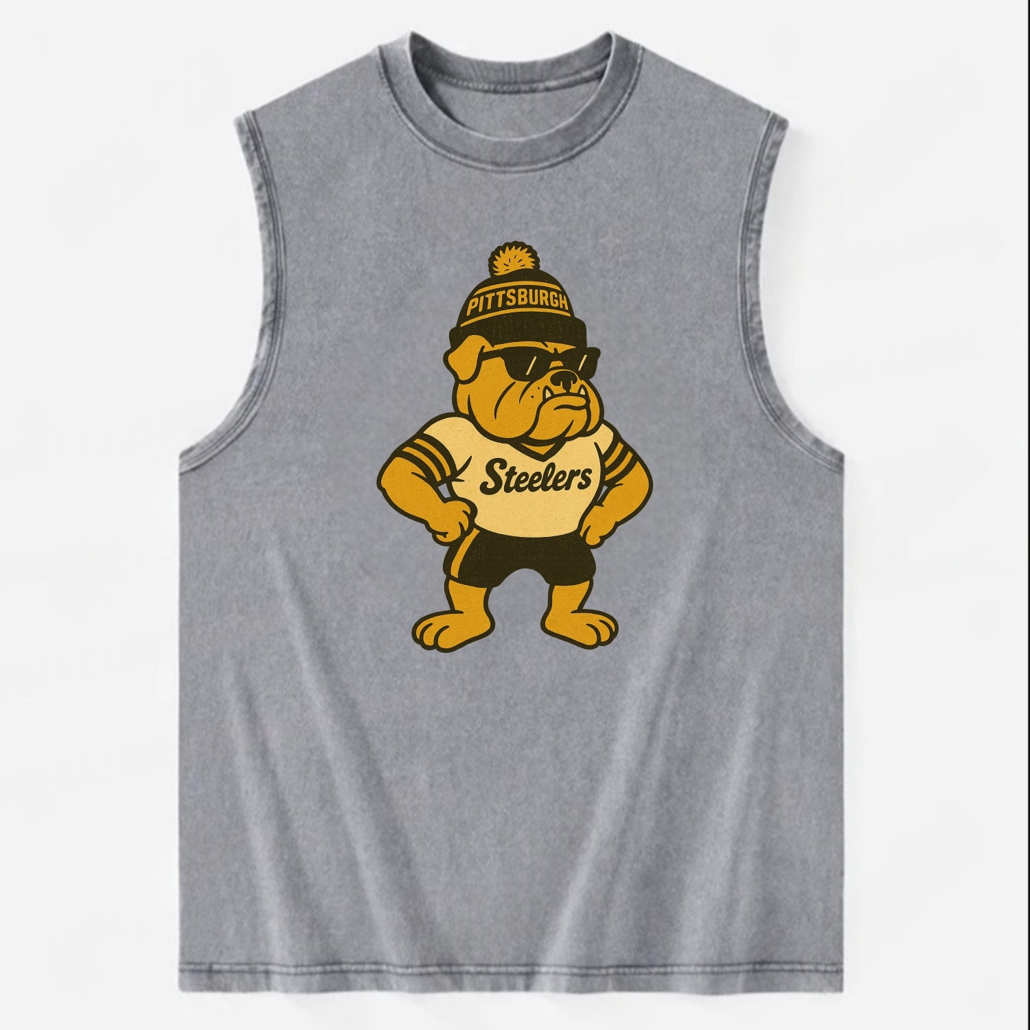 Pittsburgh Bulldog wearing Steelers black and gold beanie with pom pom and - Vintage Washed Tank - Grey