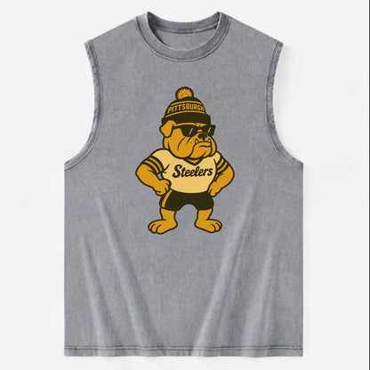 Pittsburgh Bulldog wearing Steelers black and gold beanie with pom pom and - Vintage Washed Tank - Grey
