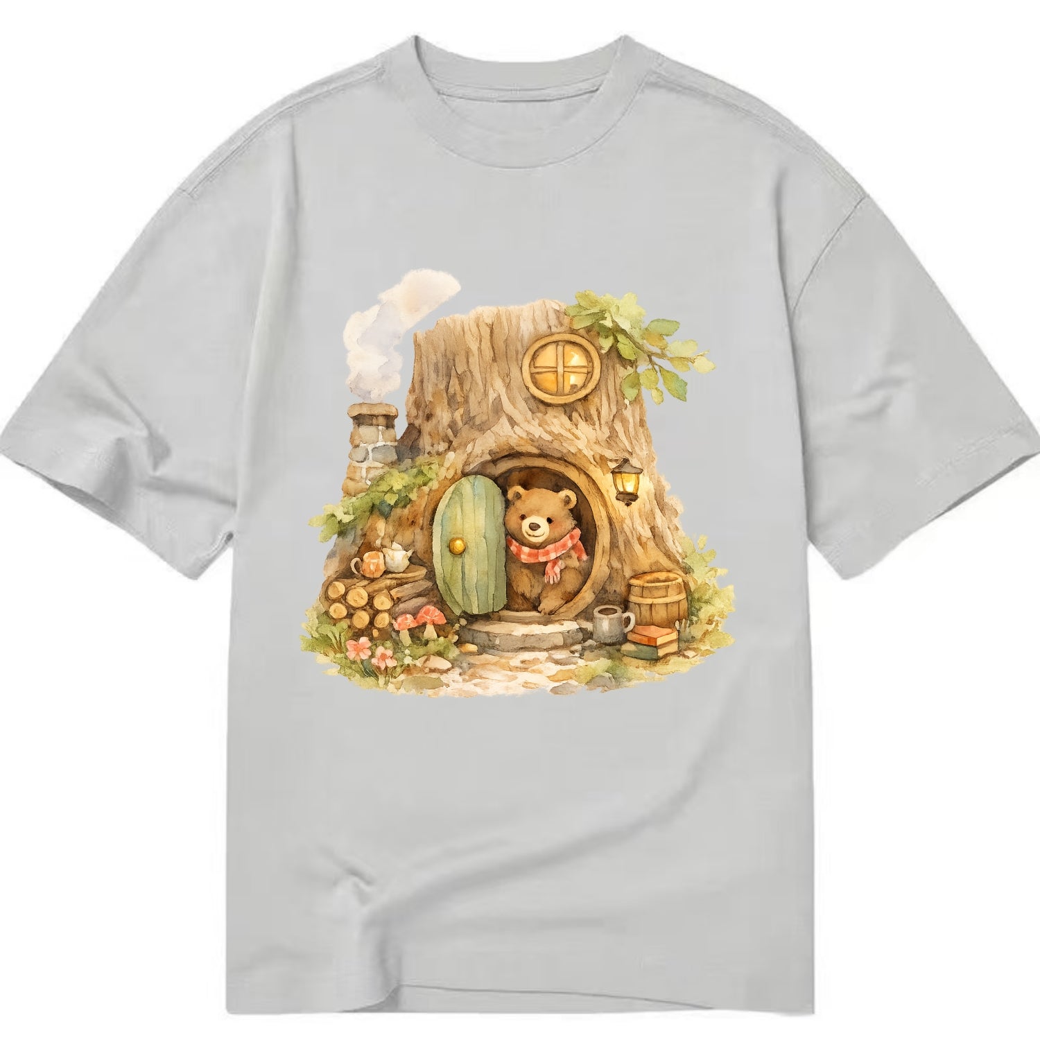 TREE HOME | Bear's home in hollow tree | Round door | Chimney smoke | Woodland - Classic T-shirt - Grey