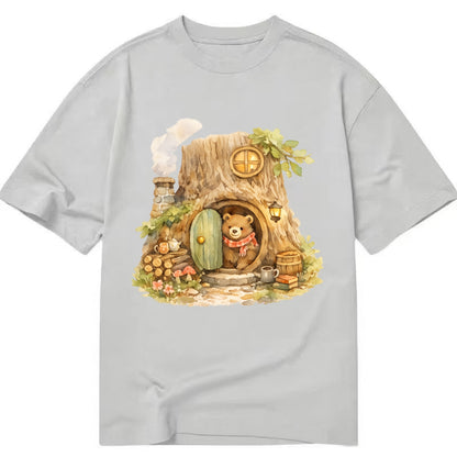 TREE HOME | Bear's home in hollow tree | Round door | Chimney smoke | Woodland - Classic T-shirt - Grey