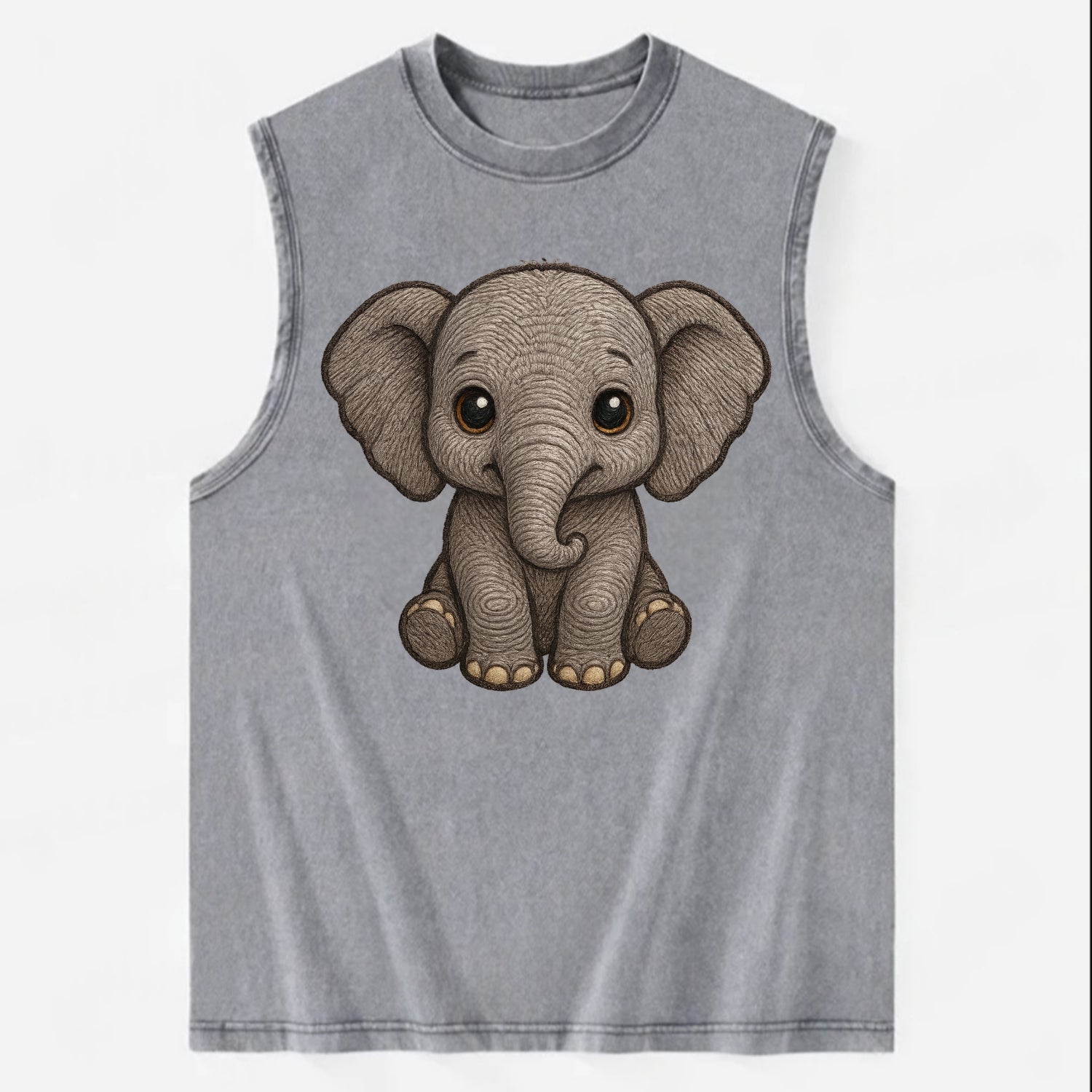 Baby Elephant - gray wrinkly, tiny trunk, large floppy ears, kind dark eyes, - Vintage Washed Tank - Grey