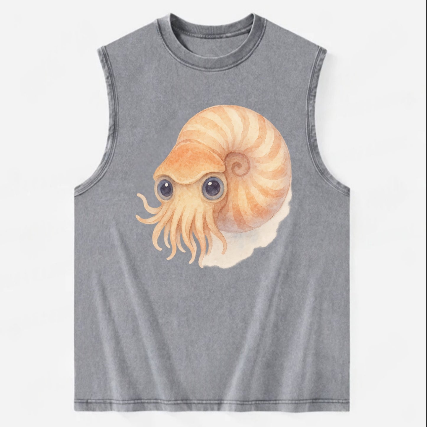 Baby Nautilus - spiral shell, tentacles peeking, ancient eyes, front-facing, - Vintage Washed Tank - Grey