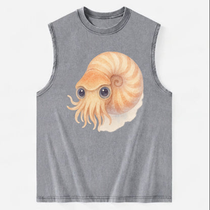 Baby Nautilus - spiral shell, tentacles peeking, ancient eyes, front-facing, - Vintage Washed Tank - Grey