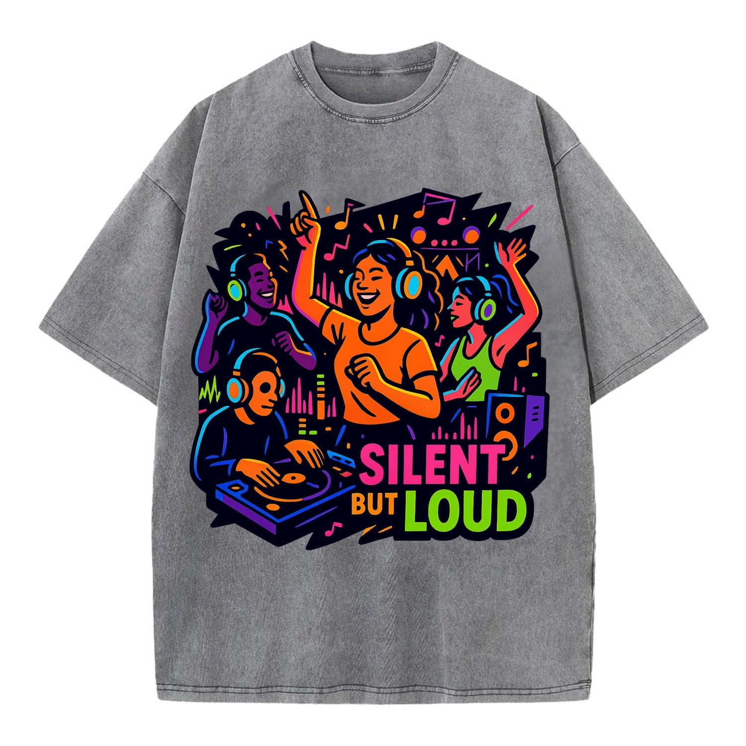 Silent disco dancers with glowing headphones - "Silent But Loud" - unique concert - Vintage T-shirt - Grey