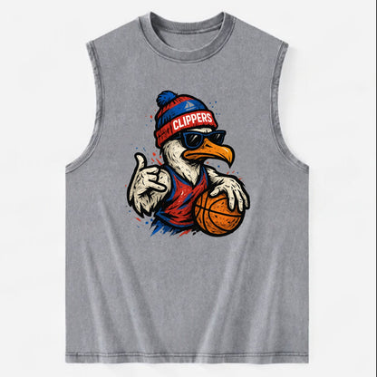LA Seagull wearing Clippers red white and blue beanie with ship patch and - Vintage Washed Tank - Grey