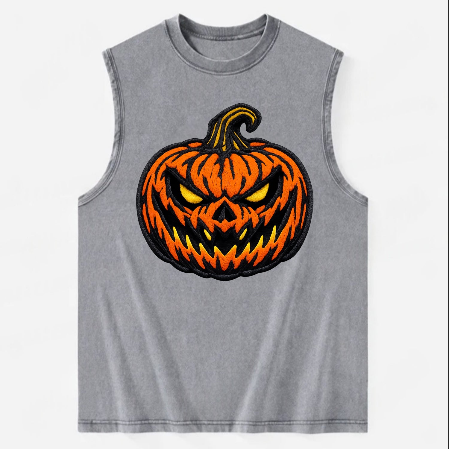 HALLOWEEN PUMPKIN - jack o lantern in orange and black , spooky - Vintage Washed Tank - Grey