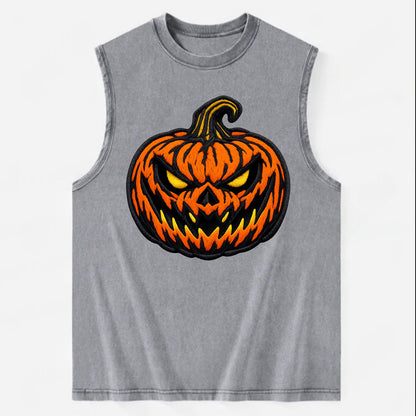 HALLOWEEN PUMPKIN - jack o lantern in orange and black , spooky - Vintage Washed Tank - Grey
