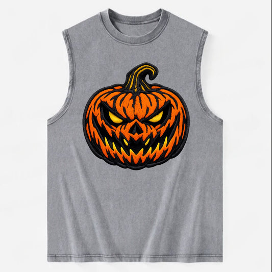 HALLOWEEN PUMPKIN - jack o lantern in orange and black , spooky - Vintage Washed Tank - Grey