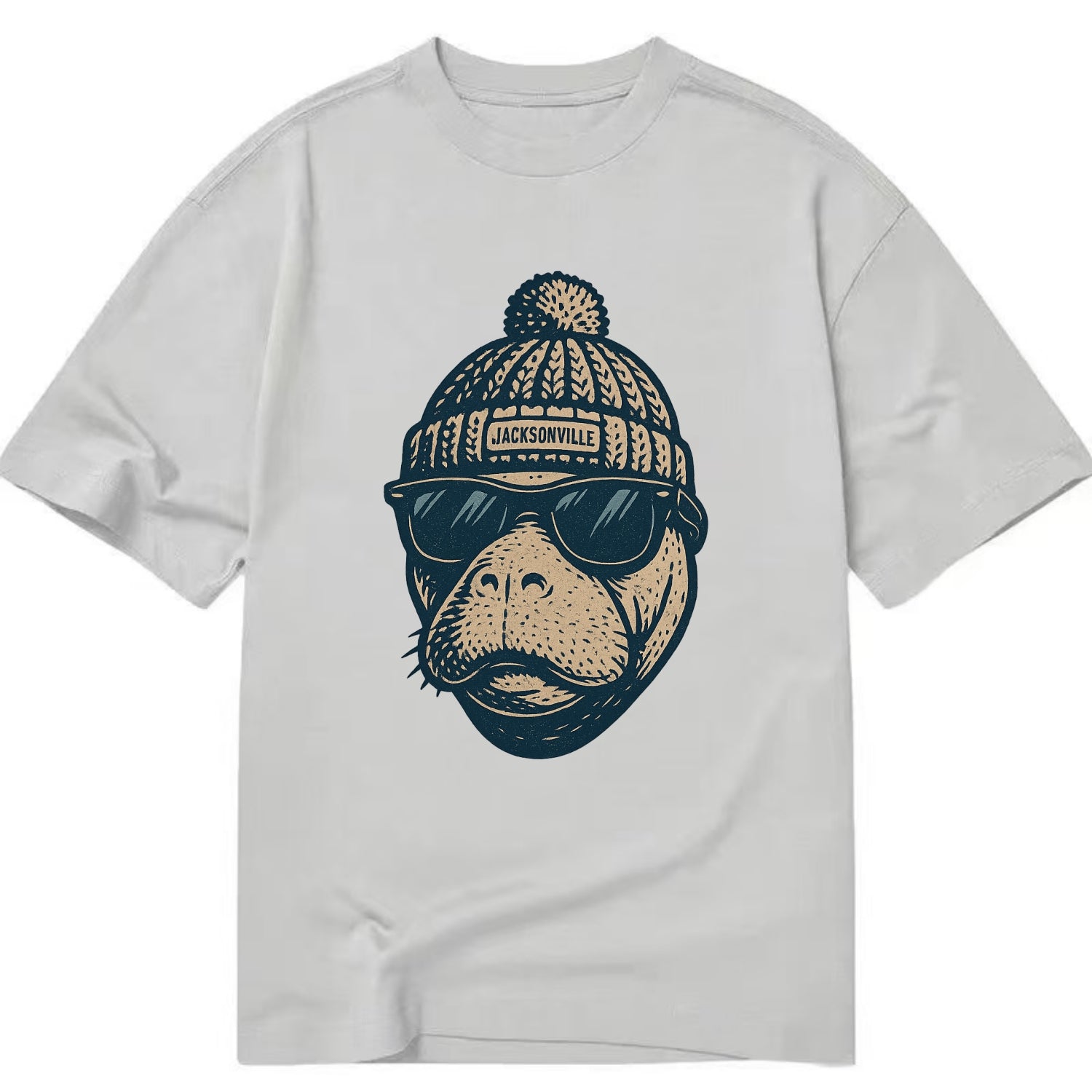 Jacksonville Manatee wearing Jacksonville beanie with pom pom and wayfarer - Classic T-shirt - Grey
