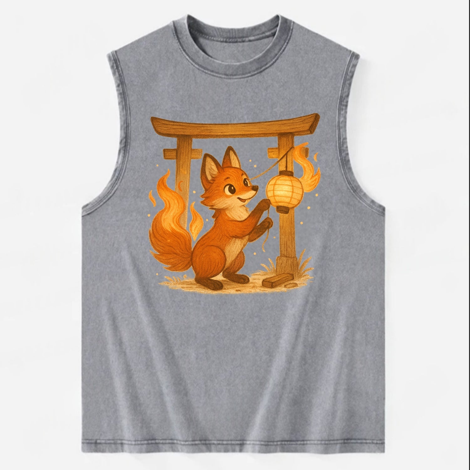 Foxfire kitsune stringing lanterns along a torii gate with tails of living - Vintage Washed Tank - Grey