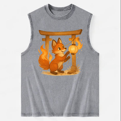 Foxfire kitsune stringing lanterns along a torii gate with tails of living - Vintage Washed Tank - Grey