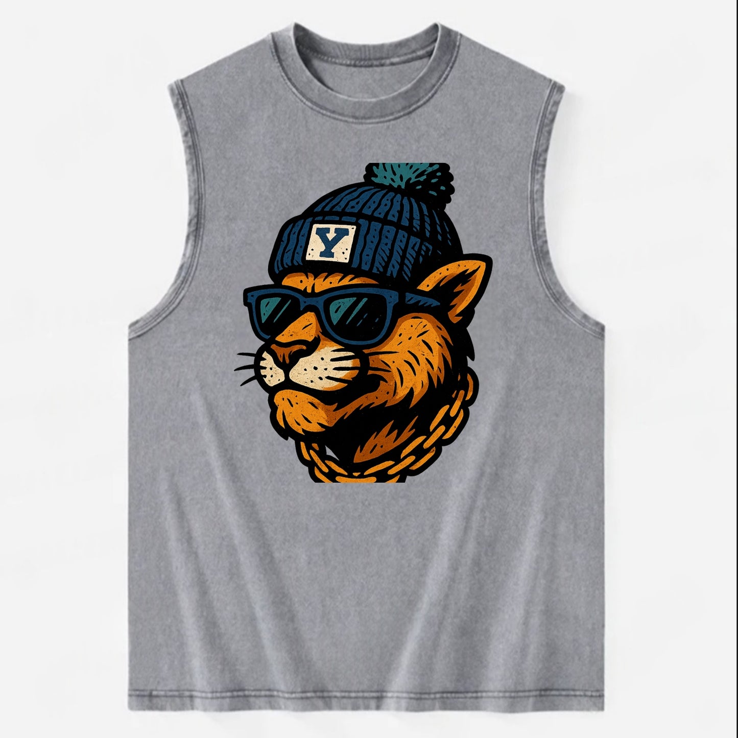 Provo Cougar wearing BYU beanie with Y patch - Vintage Washed Tank - Grey