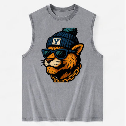 Provo Cougar wearing BYU beanie with Y patch - Vintage Washed Tank - Grey