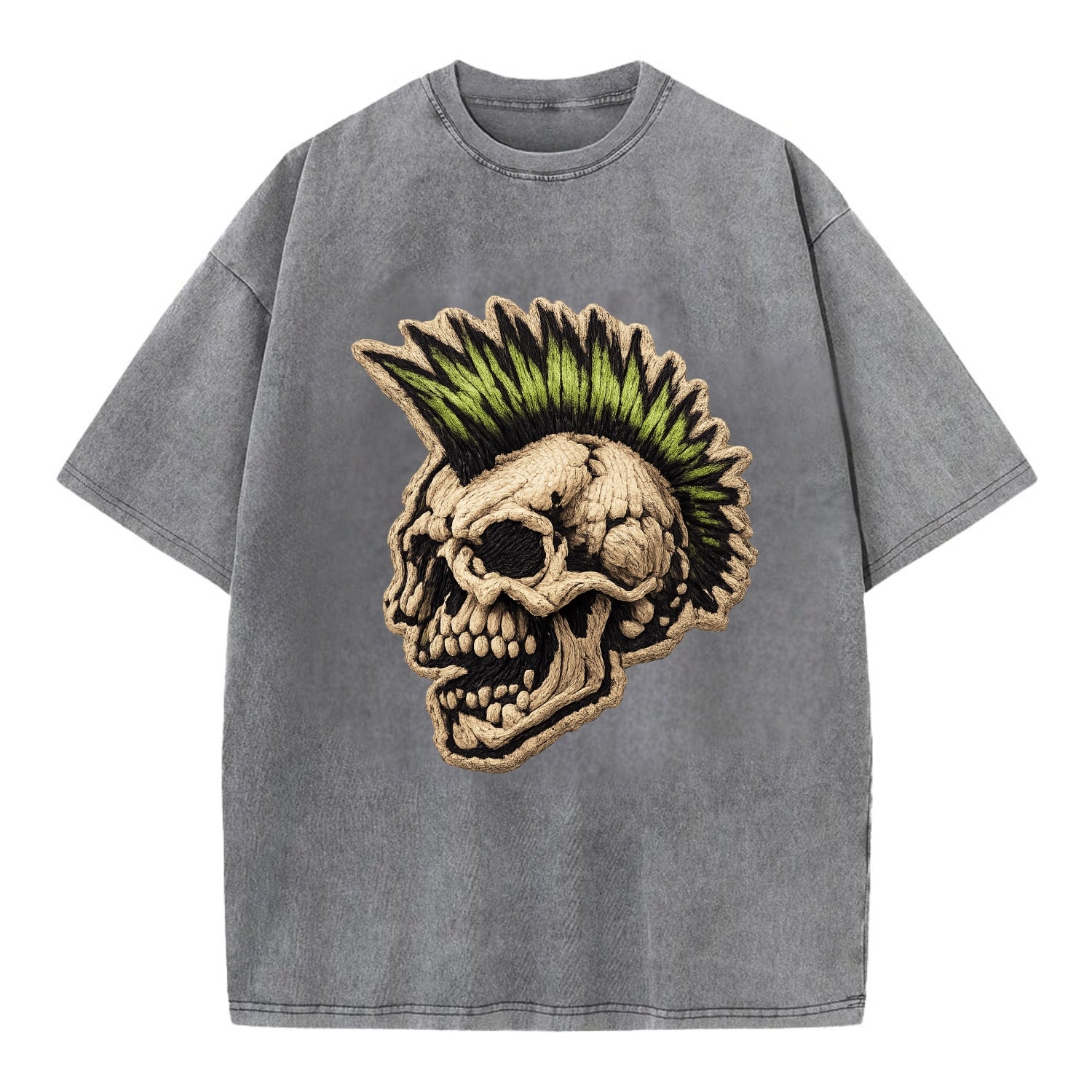 MOHAWK SKULL - punk skull with mohawk in neon green and black , punk rock - Vintage T-shirt - Grey