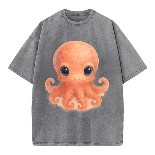 Baby Octopus - red-orange, eight tiny tentacles curled, large intelligent eyes, - Vintage T-shirt