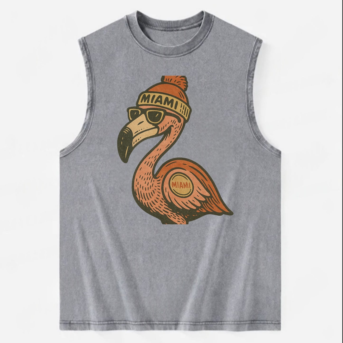 Miami Flamingo wearing Miami beanie with pom pom and wayfarer sunglasses - Vintage Washed Tank - Grey