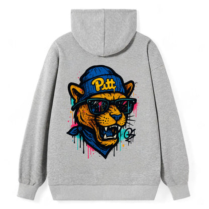 Pittsburgh Panther wearing Pitt beanie with script patch - Classic Pullover Hoodie - Grey