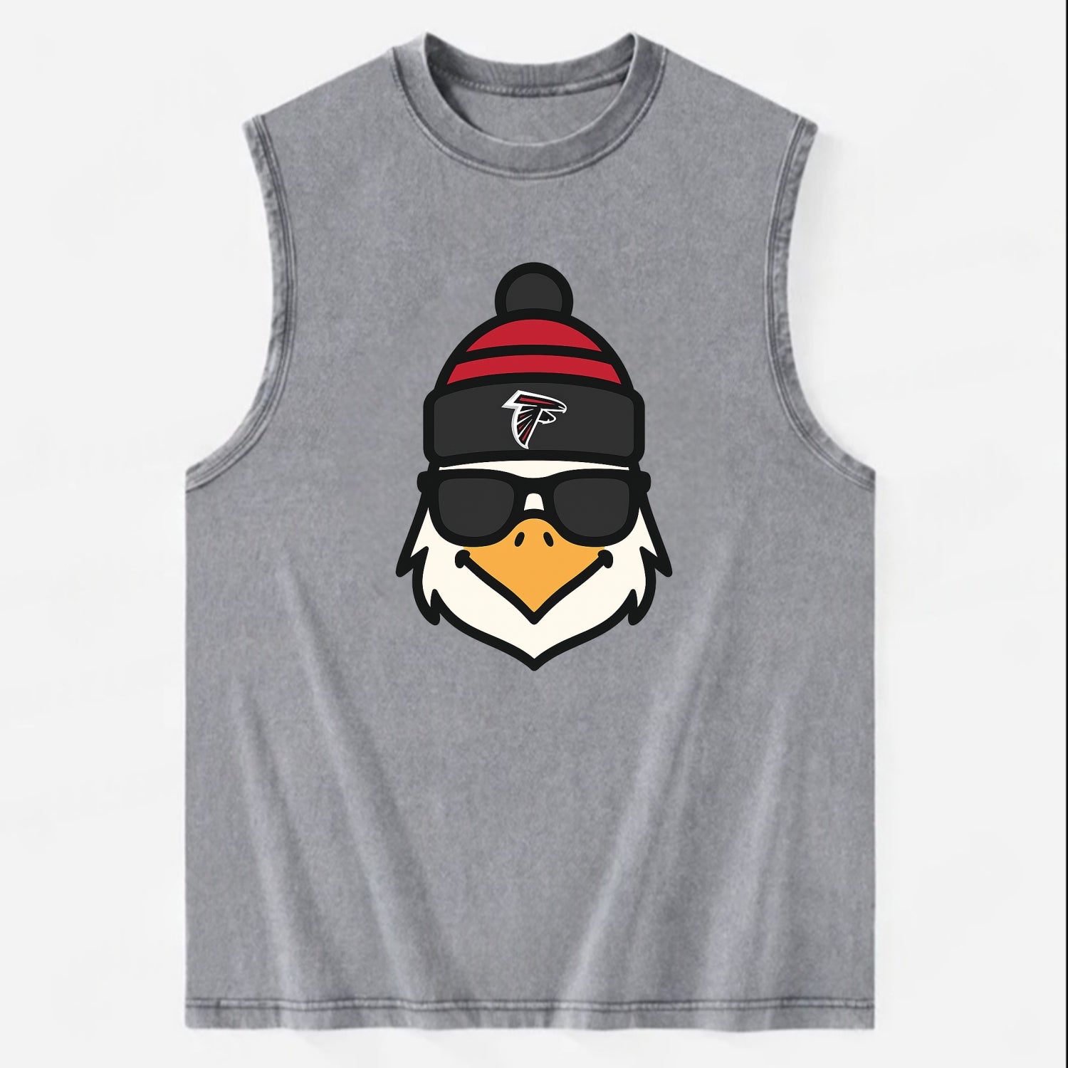 Atlanta Falcon wearing Falcons red and black beanie with pom pom and wayfarer - Vintage Washed Tank - Grey