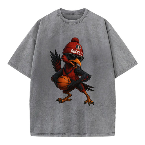 Houston Roadrunner wearing Rockets beanie with launch pad patch and wayfarer - Vintage T-shirt