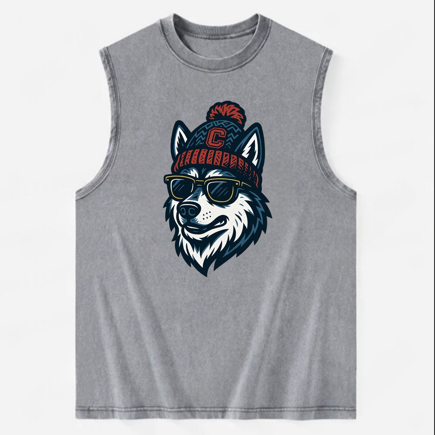 Storrs Husky wearing UConn beanie with C patch - Vintage Washed Tank - Grey
