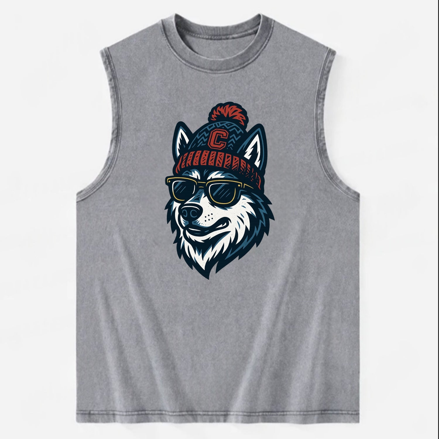 Storrs Husky wearing UConn beanie with C patch - Vintage Washed Tank - Grey